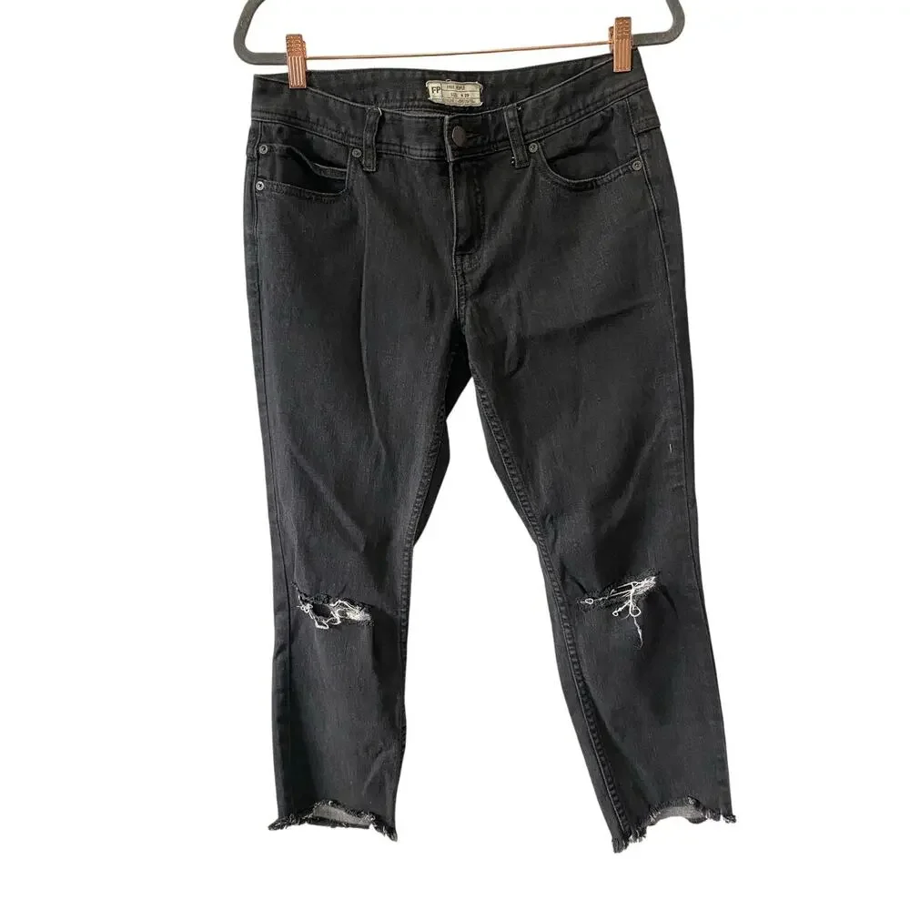 Free People Black Gray Cropped Distressed Jeans Size 29 Boho Classic